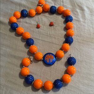Orange and Blue Beaded Necklace, bracelet, and earrings!